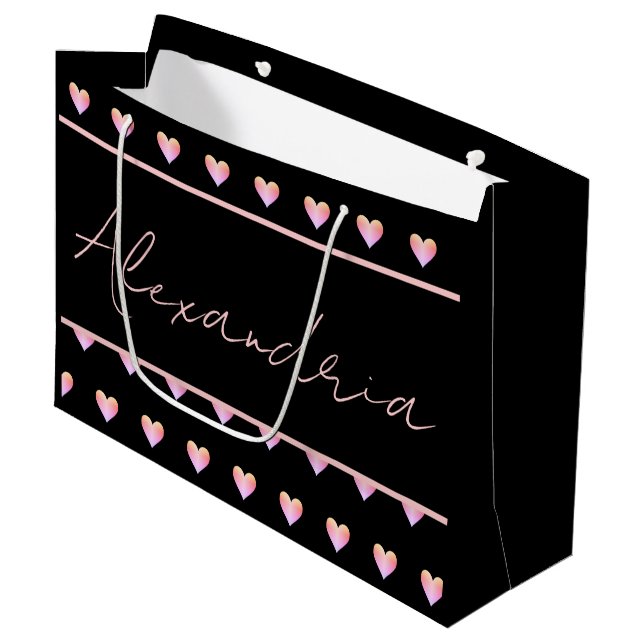 Moderne Personalisierte Schwarze Herzen Große Geschenktüte (Vorderseite Schrägansicht)