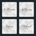 Moderne Personalisierte Trauzeugen aus weißem Marm Untersetzer Set<br><div class="desc">Moderner Script Personalisiert Trauzeugen Untersetzer mit dem Namen des personalisierten Trauzeugen im modernen,  grauen Schriftart-Stil mit Titel und Hochzeitsdatum in modernen Sans Serif Schriftart Stil auf weißem Marmor Hintergrund. Auch perfekt für Trauzeugin,  Blütenmädchen,  Brautmutter,  Trauzeuge,  Trauzeuge und mehr.</div>
