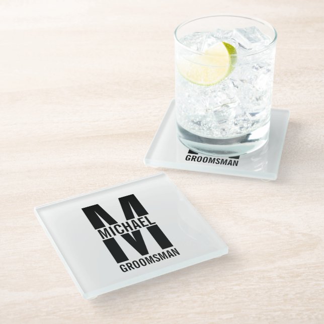 Moderne personalisierte Trauzeugen-Monogramm und N Glasuntersetzer (Schrägansicht)