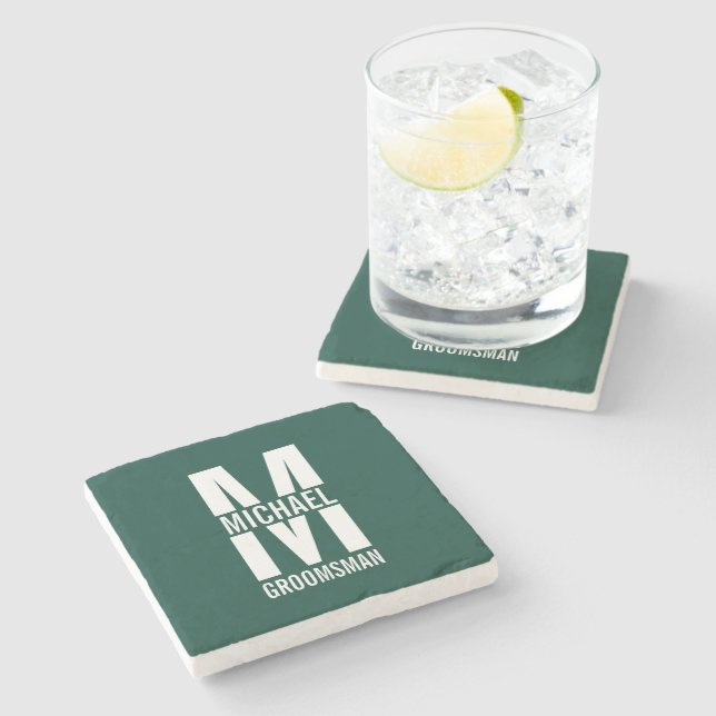 Moderne personalisierte Trauzeugen Monogramm und N Steinuntersetzer (Seitenansicht)