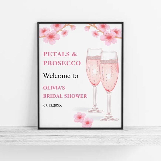 Moderne Petals & Prosecco Brautparty Willkommen Poster (Modern Petals & Prosecco Pink Watercolor Floral Bridal Shower Welcome Sign  )
