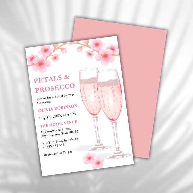 Moderne Petals & Prosecco Rosa Brautparty Einladung (Modern Elegant Petals and Prosecco Pink Watercolor Floral Bridal Shower Invitation )
