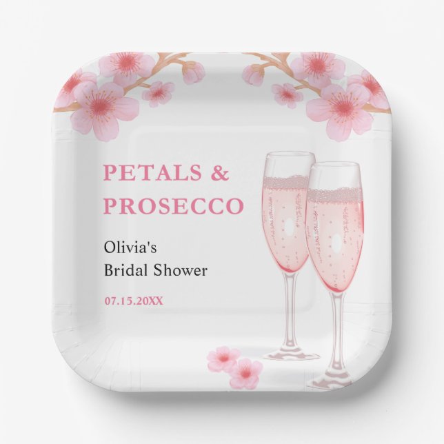 Moderne Petals & Prosecco Rosa Brautparty Pappteller (Vorderseite)