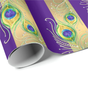 Moderne Pfauenfeathers Imitate Jewel Striped Heart Geschenkpapier
