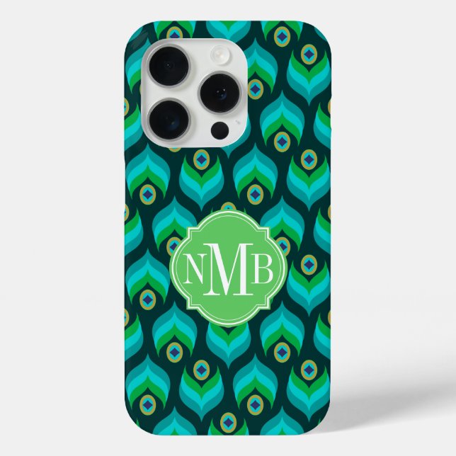 Moderne Pfauenfeder-Muster-Monogramm-Hülle Case-Ma Case-Mate iPhone Hülle (Rückseite)