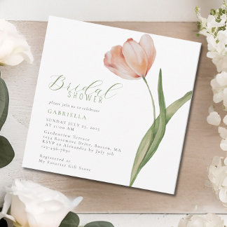 Moderne Pfirsich-Aquarell-Tulpe Grüne Hochzeitsfei Einladung