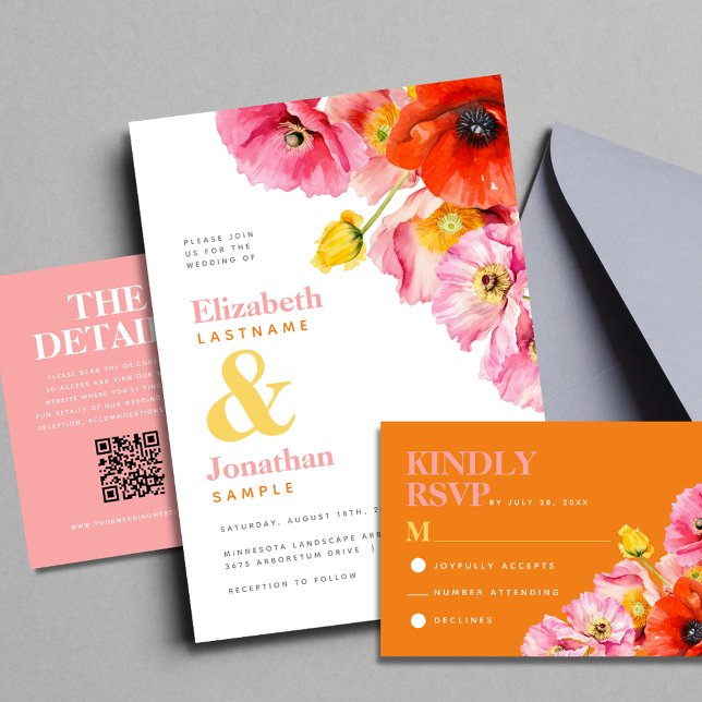 Moderne Pfirsichrosa Orangengelbe Pfefferkuchen Ho Einladung (Modern Peach Pink Orange Yellow Poppies Wedding Invitation.Celebrate your love story!)