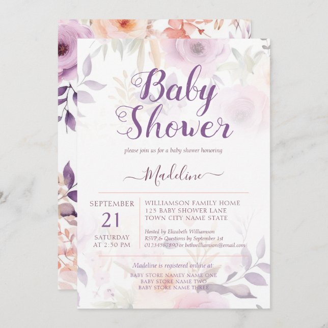 Moderne Pflaumendusche Lila Einladung (Vorne/Hinten)