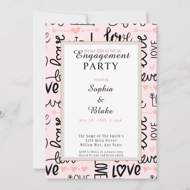 Moderne Pink & Black Liebe Engagement Party Einladung (Vorderseite)