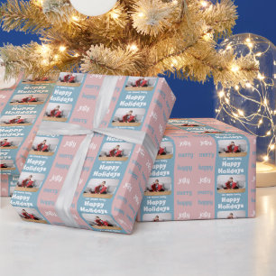 Moderne Pink Blaue Familienfoto Weihnachten Glückl Geschenkpapier