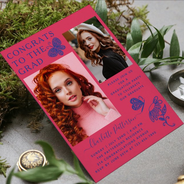 Moderne Pink Blue Butterfly Foto Graduation Party Einladung (Von Creator hochgeladen)