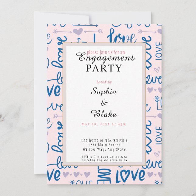 Moderne Pink & Blue Liebe Engagement Party Einladung (Vorderseite)