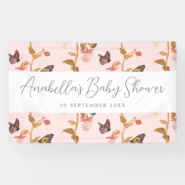 Moderne Pink Boho Butterfly Girl Babydusche Banner (Horizontal)