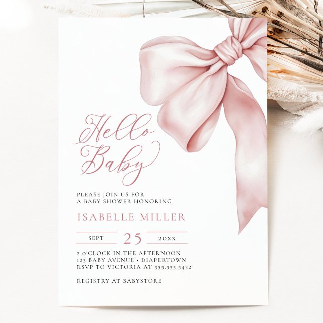 Moderne Pink Bow Baby Dusche Einladung (Modern Pink Bow Baby Shower Invitation)