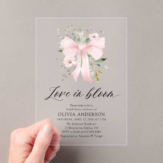Moderne Pink Bow Blütenblume Liebe im Bloom Brautp Acryleinladungen (Insitu (Handheld))