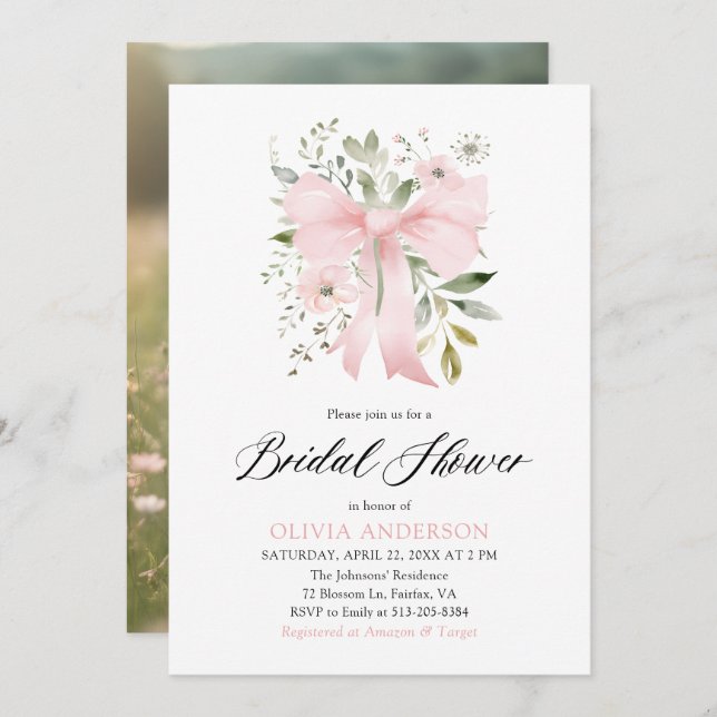 Moderne Pink Bow Blütenblume Liebe im Bloom Brautp Einladung (Vorne/Hinten)