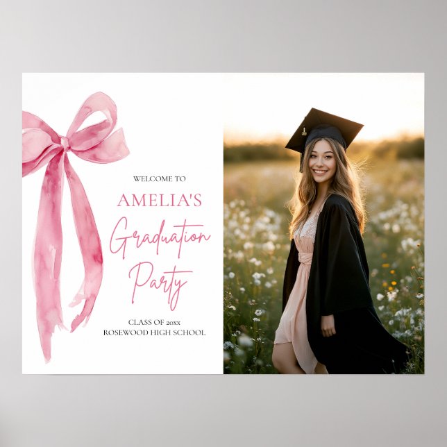 Moderne Pink Bow Coquette Graduation Party Willkom Poster (Vorne)