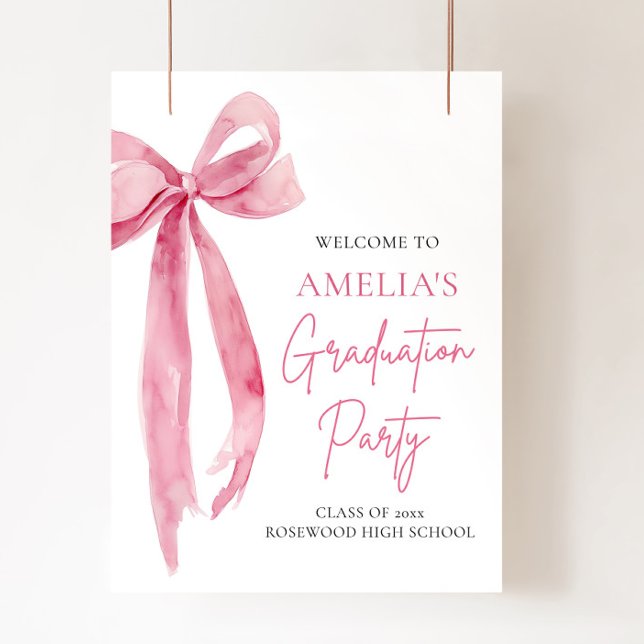Moderne Pink Bow Coquette Graduation Party Willkom Poster (Von Creator hochgeladen)