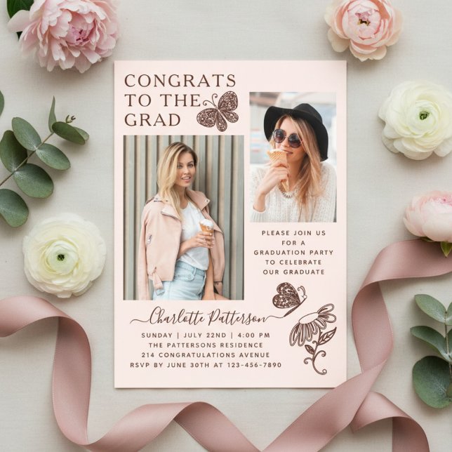 Moderne Pink Brown Butterfly Foto Graduation Party Acryleinladungen (Von Creator hochgeladen)