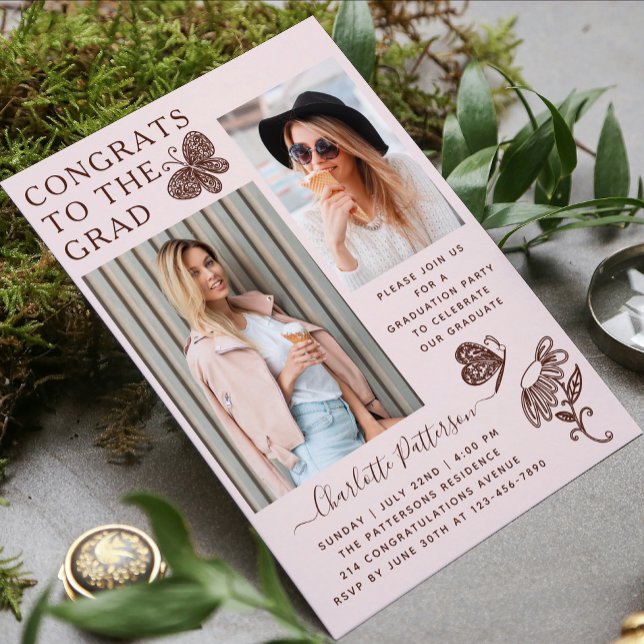 Moderne Pink Brown Butterfly Foto Graduation Party Einladung (Von Creator hochgeladen)