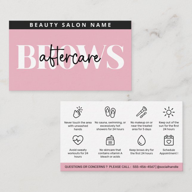 Moderne Pink Brows Aftercare PMU Brow Instruktione Visitenkarte (Vorne/Hinten)