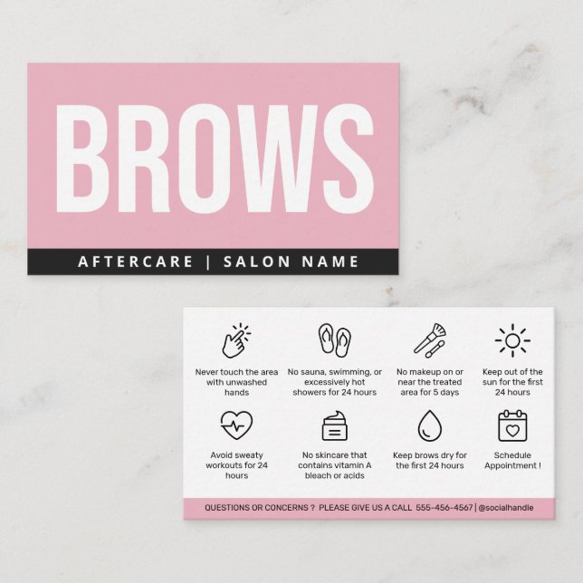 Moderne Pink Brows Aftercare PMU Brow Instruktione Visitenkarte (Vorne/Hinten)