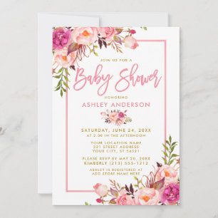 Moderne Pink Brush Script Florale Gold Baby Shower Einladung