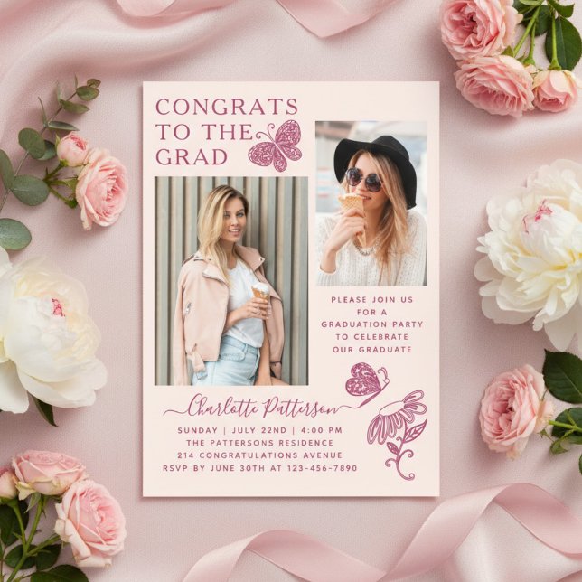 Moderne Pink Butterfly Foto Graduation Party Acryleinladungen (Von Creator hochgeladen)