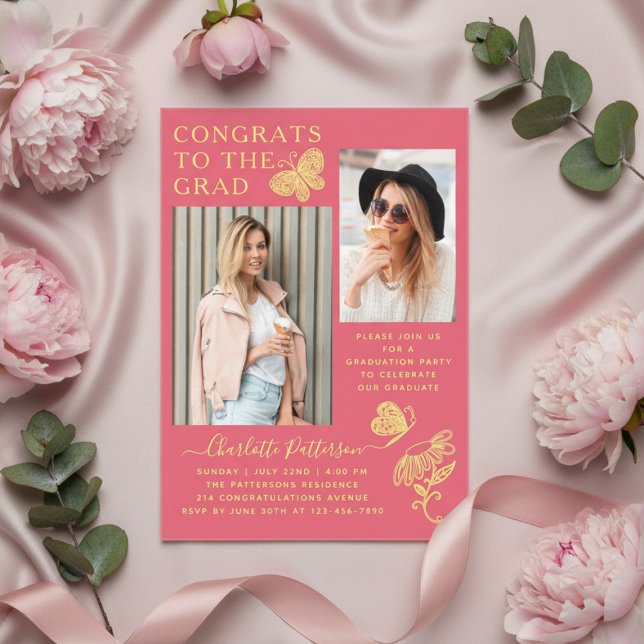 Moderne Pink Butterfly Foto Graduation Party Acryleinladungen (Von Creator hochgeladen)