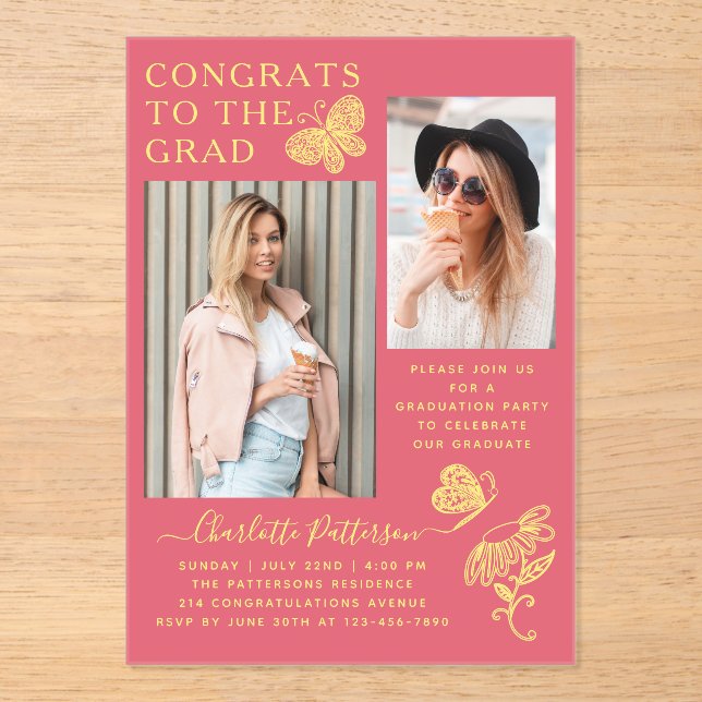 Moderne Pink Butterfly Foto Graduation Party Acryleinladungen (Vorderseite)