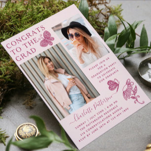 Moderne Pink Butterfly Foto Graduation Party Einladung