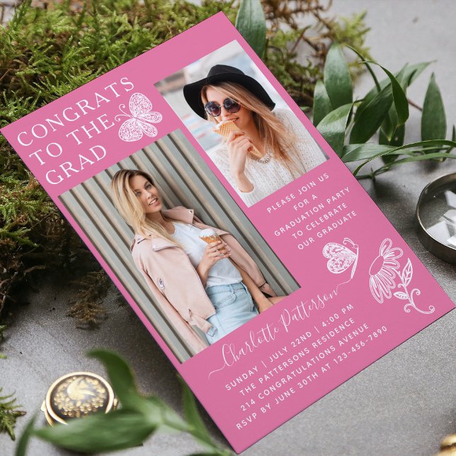 Moderne Pink Butterfly Foto Graduation Party Einladung (Von Creator hochgeladen)