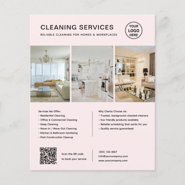 Moderne Pink Cleaning Services QR Unternehmen Flyer (Vorne)