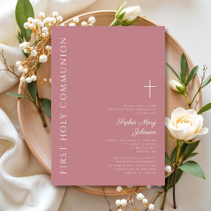 Moderne Pink Cross Mädchen Erstkommunion Einladung