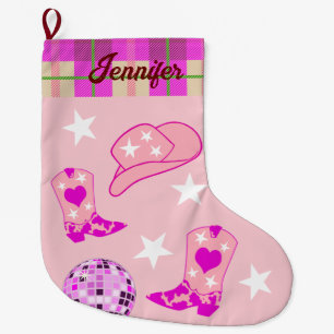 Moderne Pink Disco Ball Cowgirl Hat Boots Großer Weihnachtsstrumpf