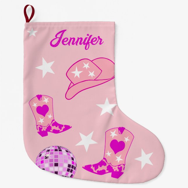 Moderne Pink Disco Ball Cowgirl Hat Boots Großer Weihnachtsstrumpf (Vorderseite)