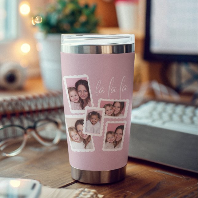 Moderne Pink „Fa La La“ Multi-Foto-Weihnachts- Thermobecher (Von Creator hochgeladen)