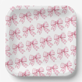 Moderne Pink Gingham Bow Pattern Baby Dusche Pappteller