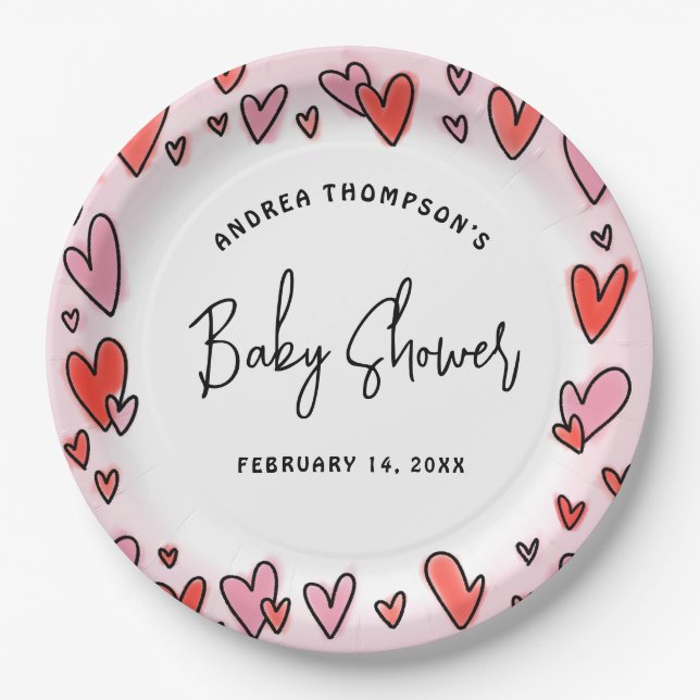 Moderne Pink Hearts Valentine Baby Dusche Pappteller (Vorderseite)