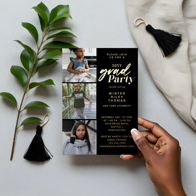 Moderne Pink Now & Then 3 Foto Graduation Party Folieneinladung (Modern Pink Now & Then 3 Photo Graduation Party Foil Invitation)