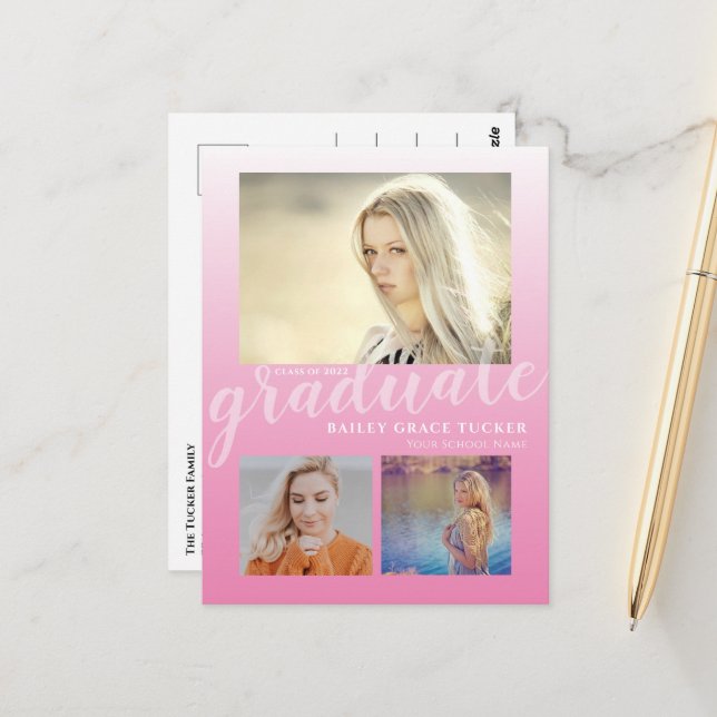 Moderne Pink Ombre Girly Graduate Party Postkarte (Vorderseite/Rückseite Beispiel)