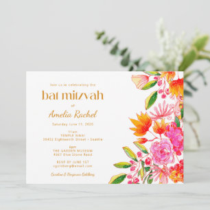 Moderne pink-orange Wasserfarbe Floral Bat Mitzwa Einladung