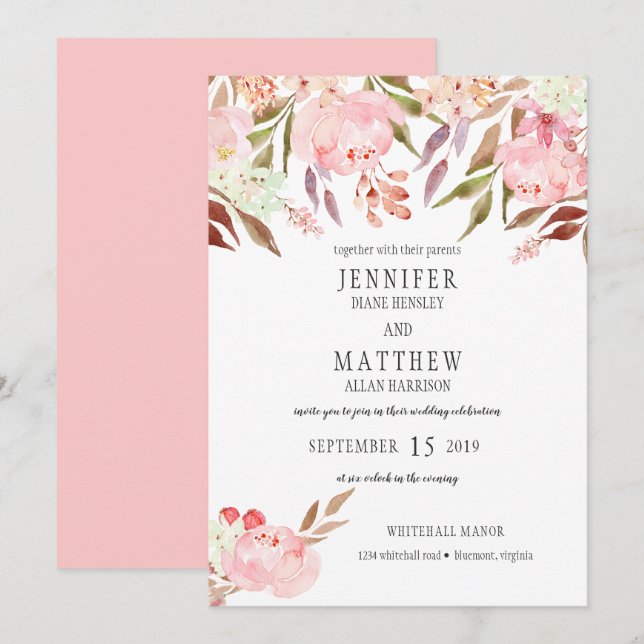 Moderne Pink Peonies Wildblumen Grüne Hochzeit | Einladung (Vorne/Hinten)