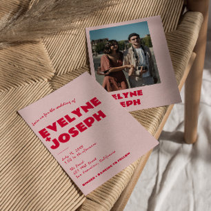 Moderne Pink Rote Retro Fette Funky Foto Hochzeit Einladung