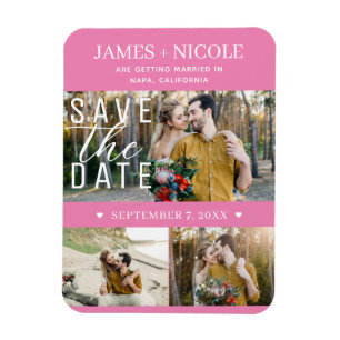 Moderne Pink Save-the-Date-Hochzeit mit 3 Fotos Magnet