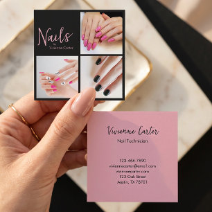 Moderne Pink-Schwarze-Schrift 3 Foto-Nagelsalon Quadratische Visitenkarte