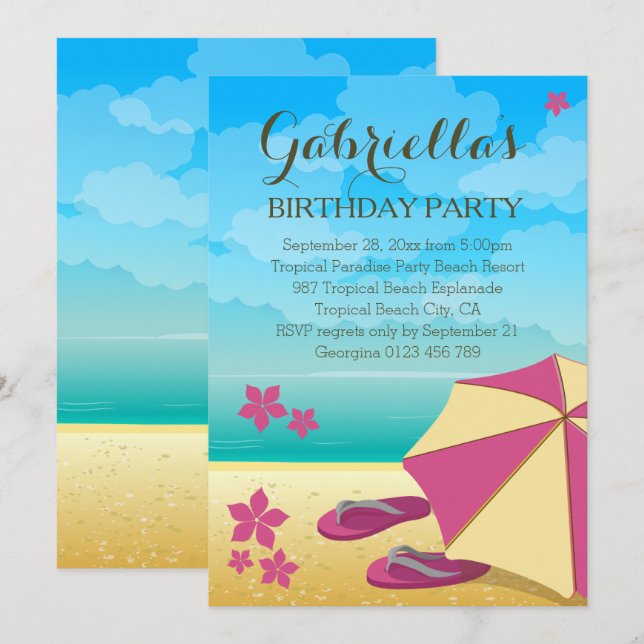 Moderne Pink Tropical Beach Geburtstagsparty Einladung (Vorne/Hinten)
