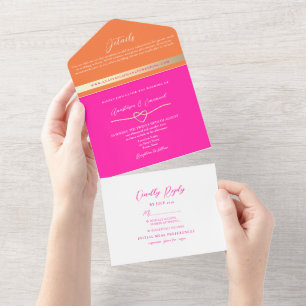 Moderne Pink- und Orange-Hochzeit All In One Einladung