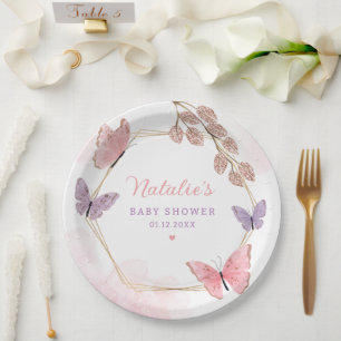 Moderne Pink Watercolor Butterfly Girl Babydusche Pappteller