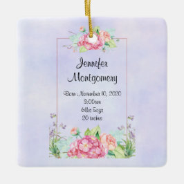 Moderne Pink Watercolor Floral Frame Baby's Birth Keramikornament